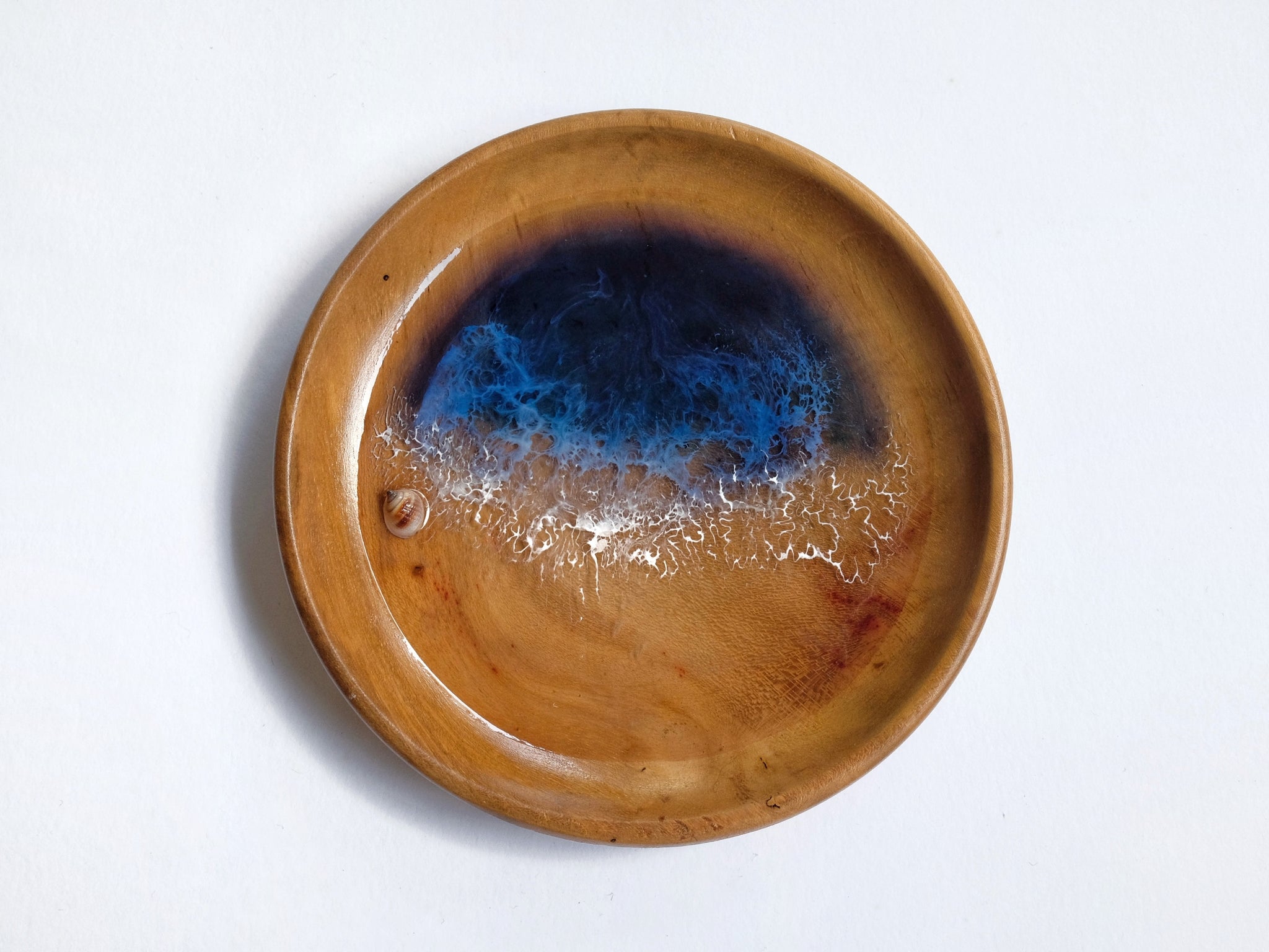Teak Wood Trinket Tray (12cm; Curved): Prussian Blue Seascape #2