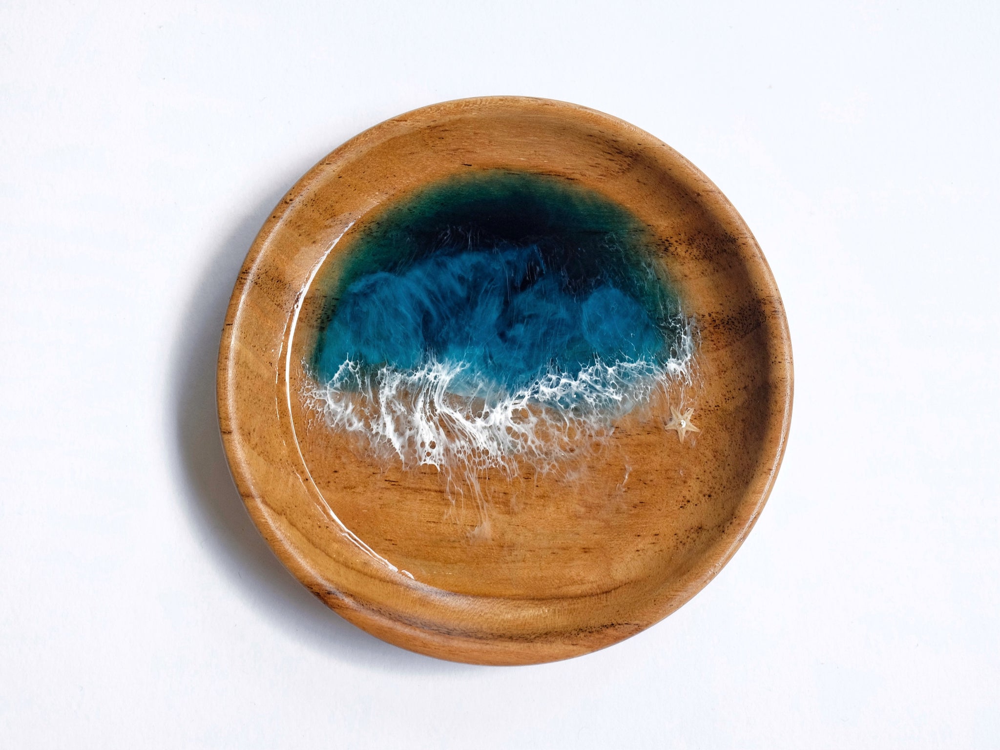 Teak Wood Trinket Tray (12cm; Curved): Teal Seascape #3