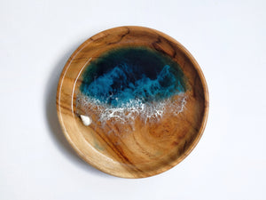 Teak Wood Trinket Tray (12cm; Curved): Teal Seascape #2