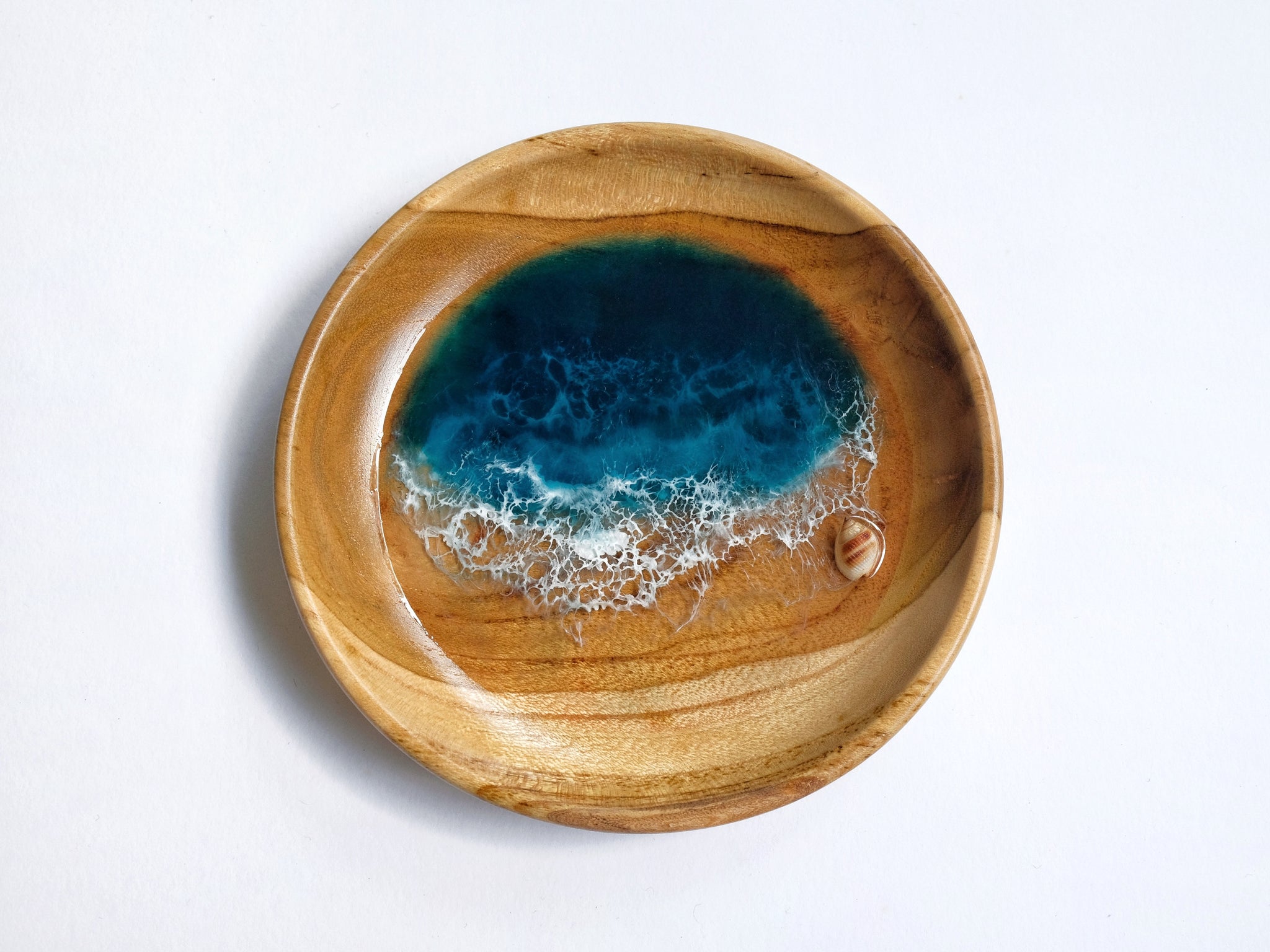 Teak Wood Trinket Tray (12cm; Curved): Teal Seascape #7