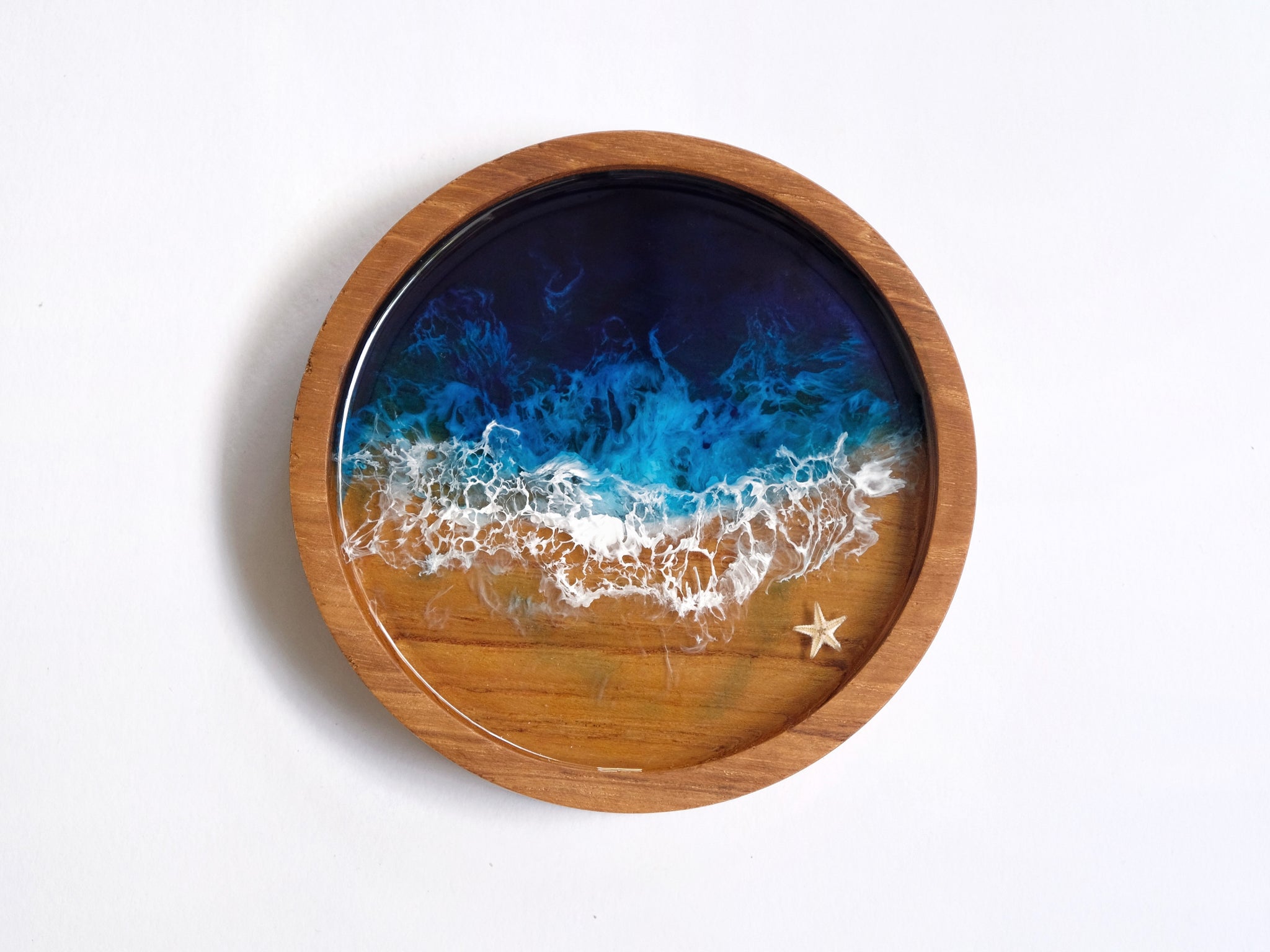 Teak Wood Trinket Dish (10cm): Signature Blue Seascape #1
