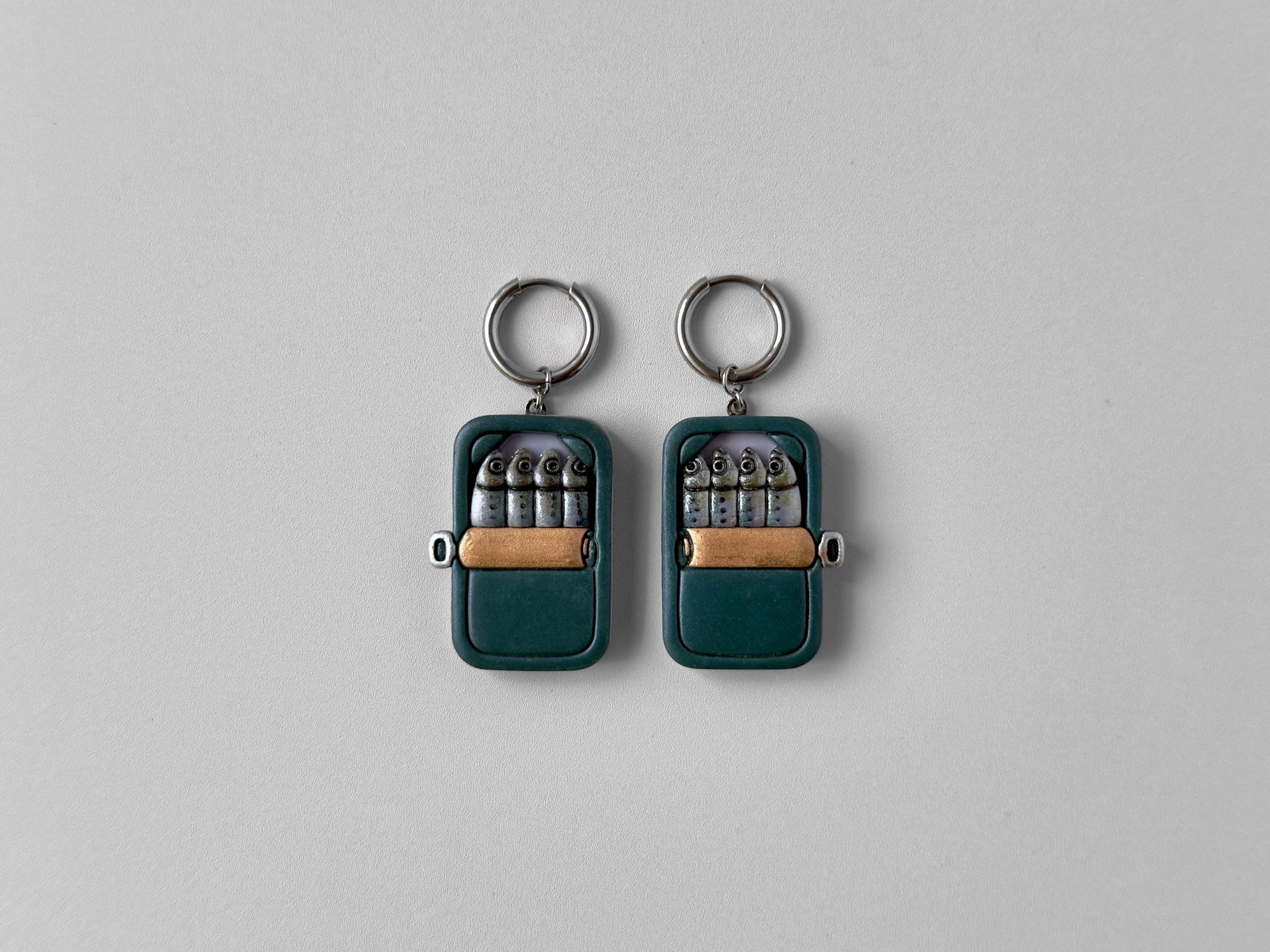 Tinned Sardine Earrings: Dark Green & Lilac (Copper)