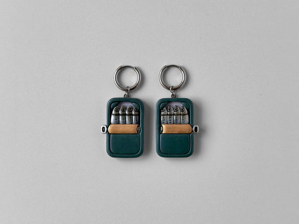 Tinned Sardine Earrings: Dark Green & Lilac (Copper)