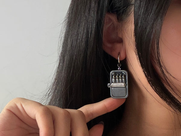 Tinned Sardine Earrings: Dark Green & Lilac (Silver)