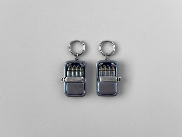 Tinned Sardine Earrings: Gunmetal & Dark Teal (Silver Chrome)