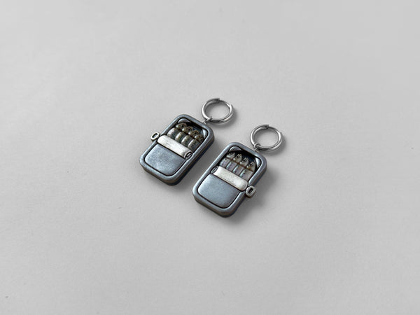 Tinned Sardine Earrings: Gunmetal & Dark Teal (Silver Chrome)