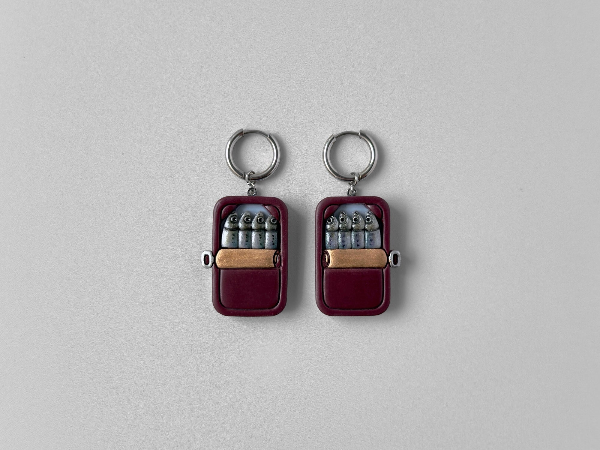 Tinned Sardine Earrings: Burgundy & Pale Blue (Copper)