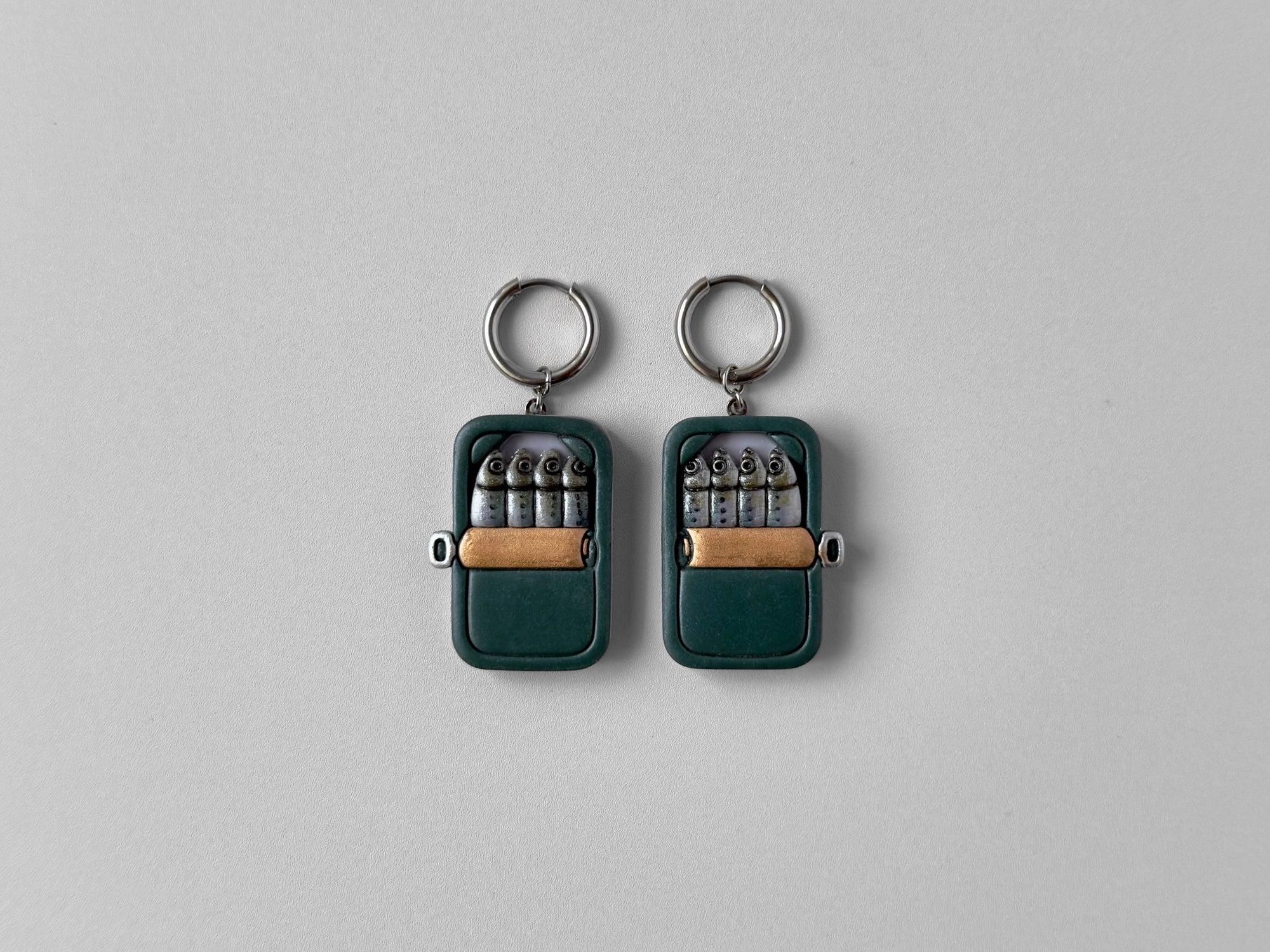 Tinned Sardine Earrings: Dark Green & Lilac (Copper)