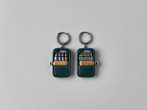 Tinned Sardine Earrings: Dark Green & Lilac (Copper)
