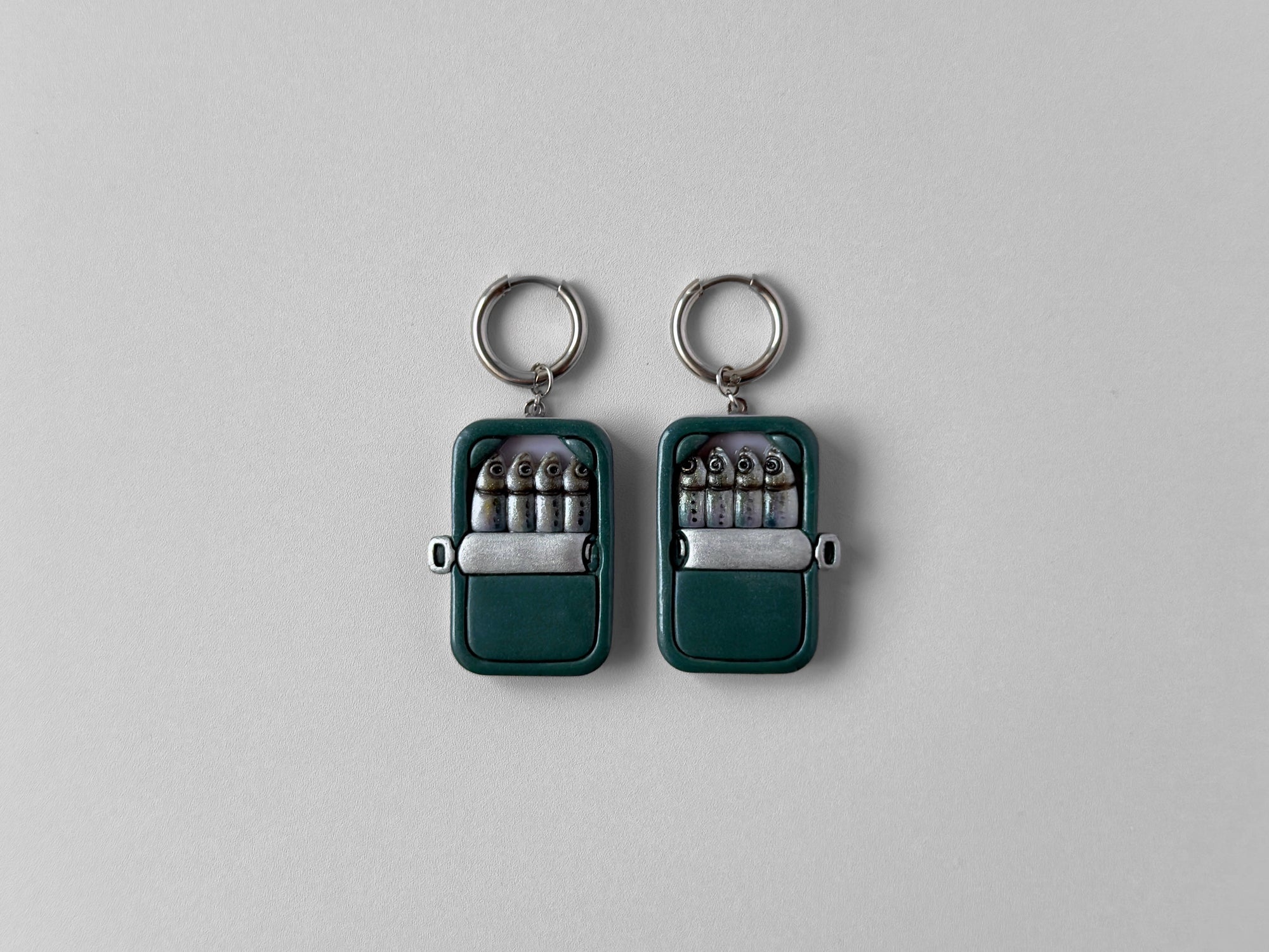 Tinned Sardine Earrings: Dark Green & Lilac (Silver)