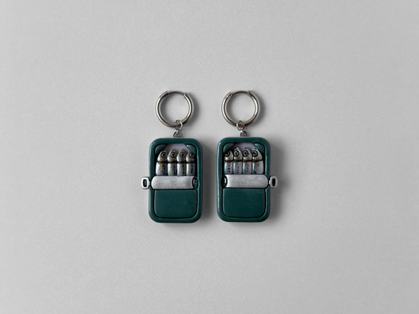 Tinned Sardine Earrings: Dark Green & Lilac (Silver)