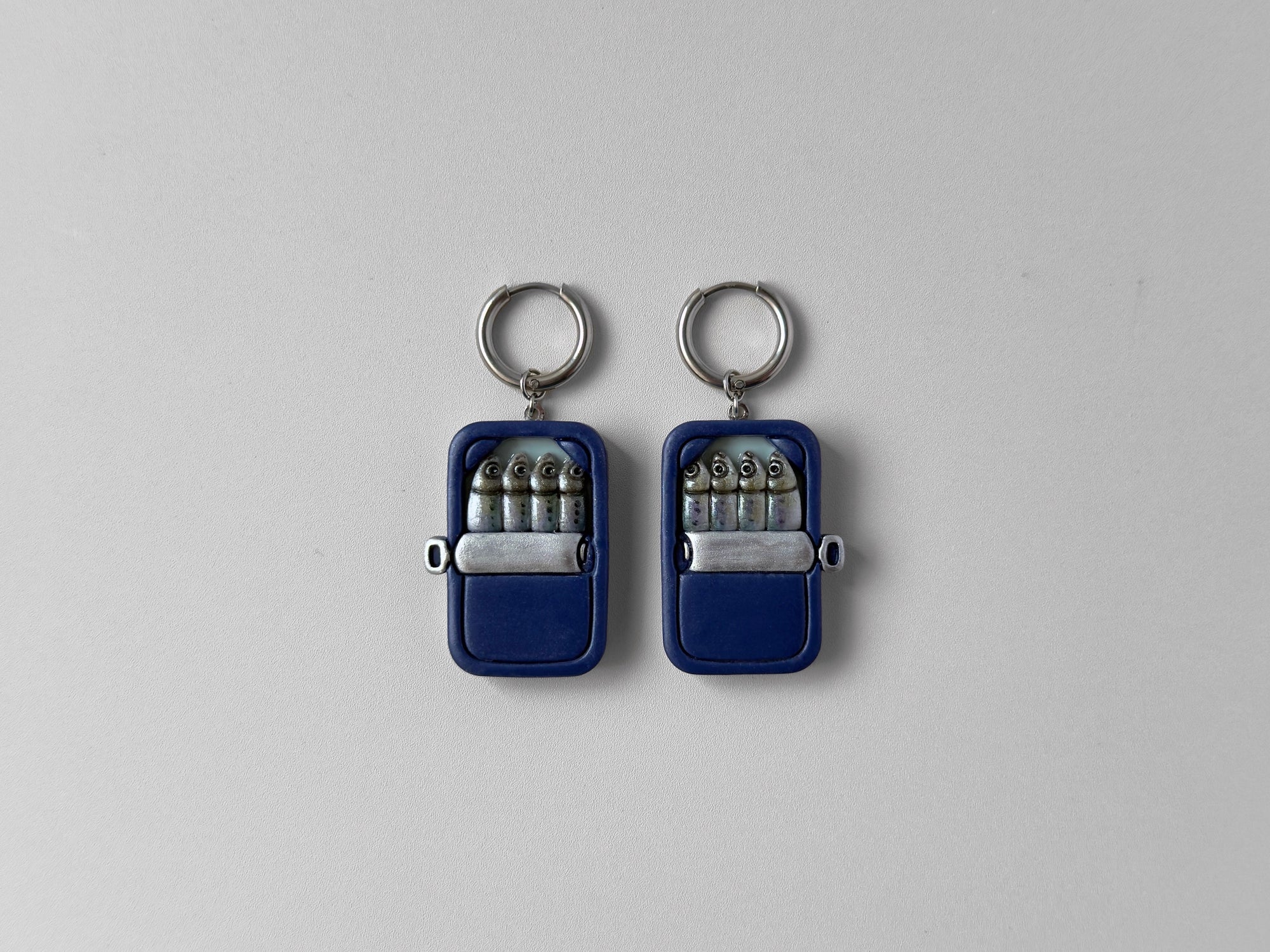 Tinned Sardine Earrings: Navy Blue & Pale Green (Silver)