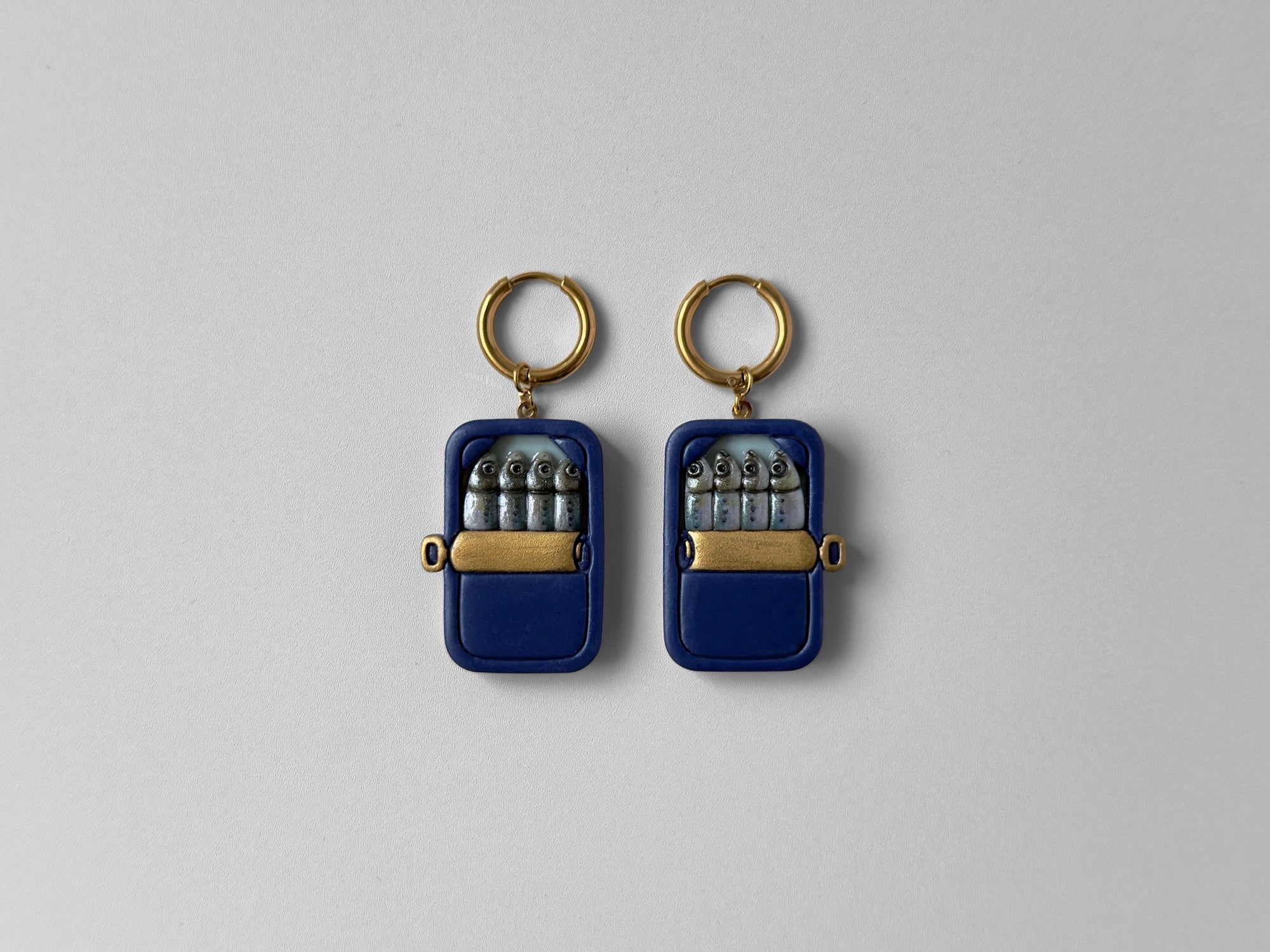 Tinned Sardine Earrings: Navy Blue & Pale Green (Gold)