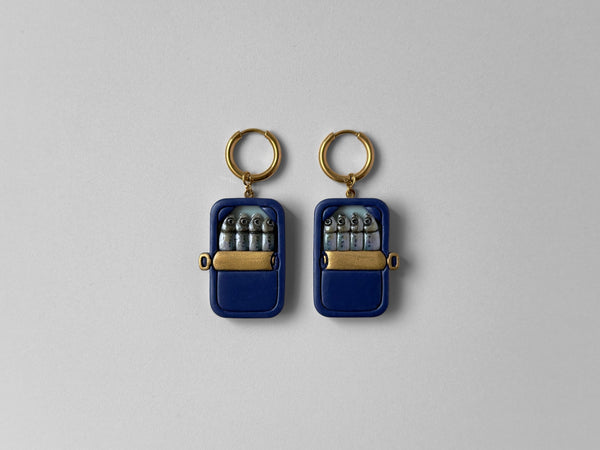 Tinned Sardine Earrings: Navy Blue & Pale Green (Gold)