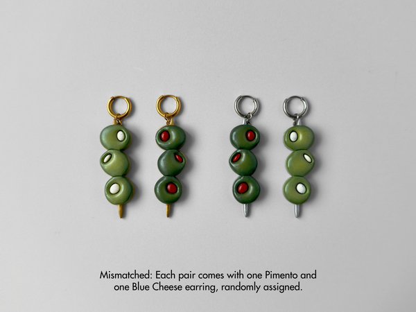 Martini Olive Earrings: Pimento and Blue Cheese