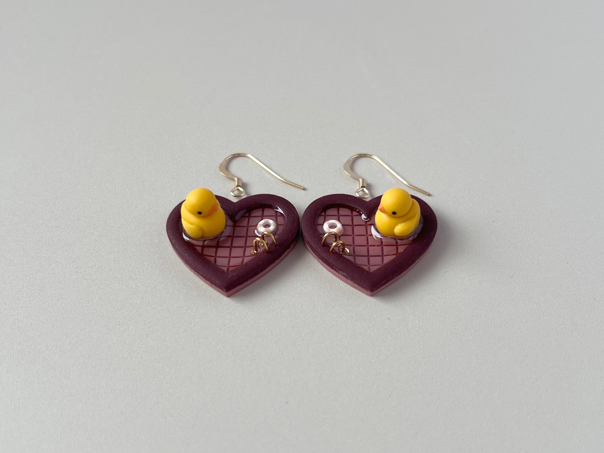 Burgundy Pools: Small Heart Earrings (Ducks)