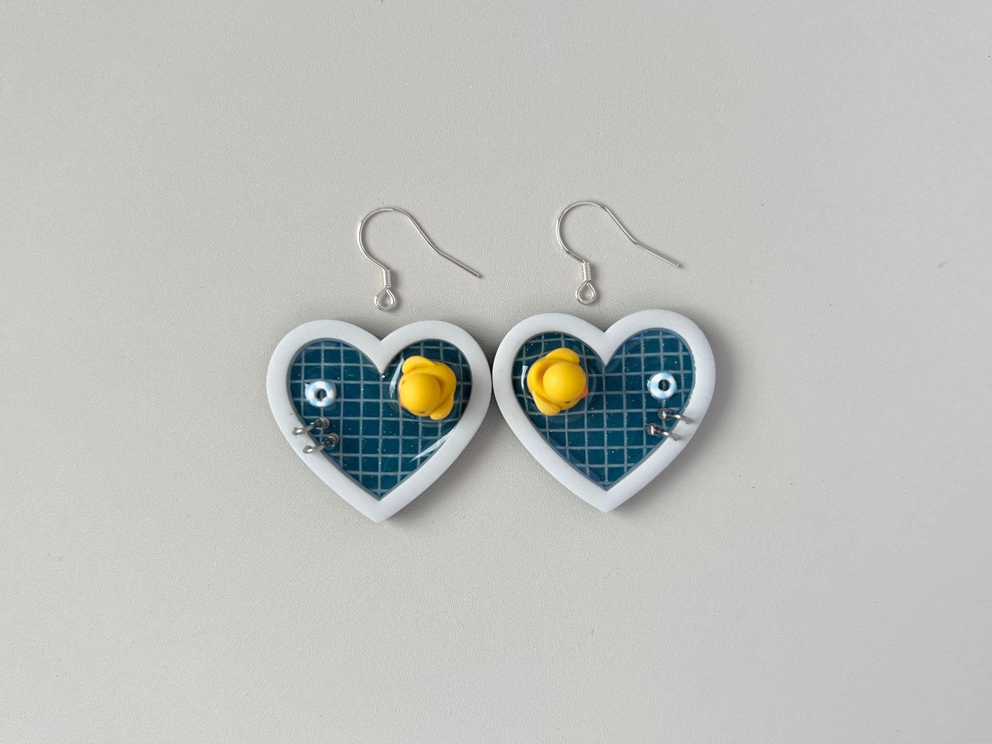 Backorder: Navy Teal Pool Large Heart Earrings (Ducks)