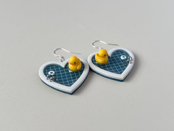 Navy Teal Pools: Large Heart Earrings