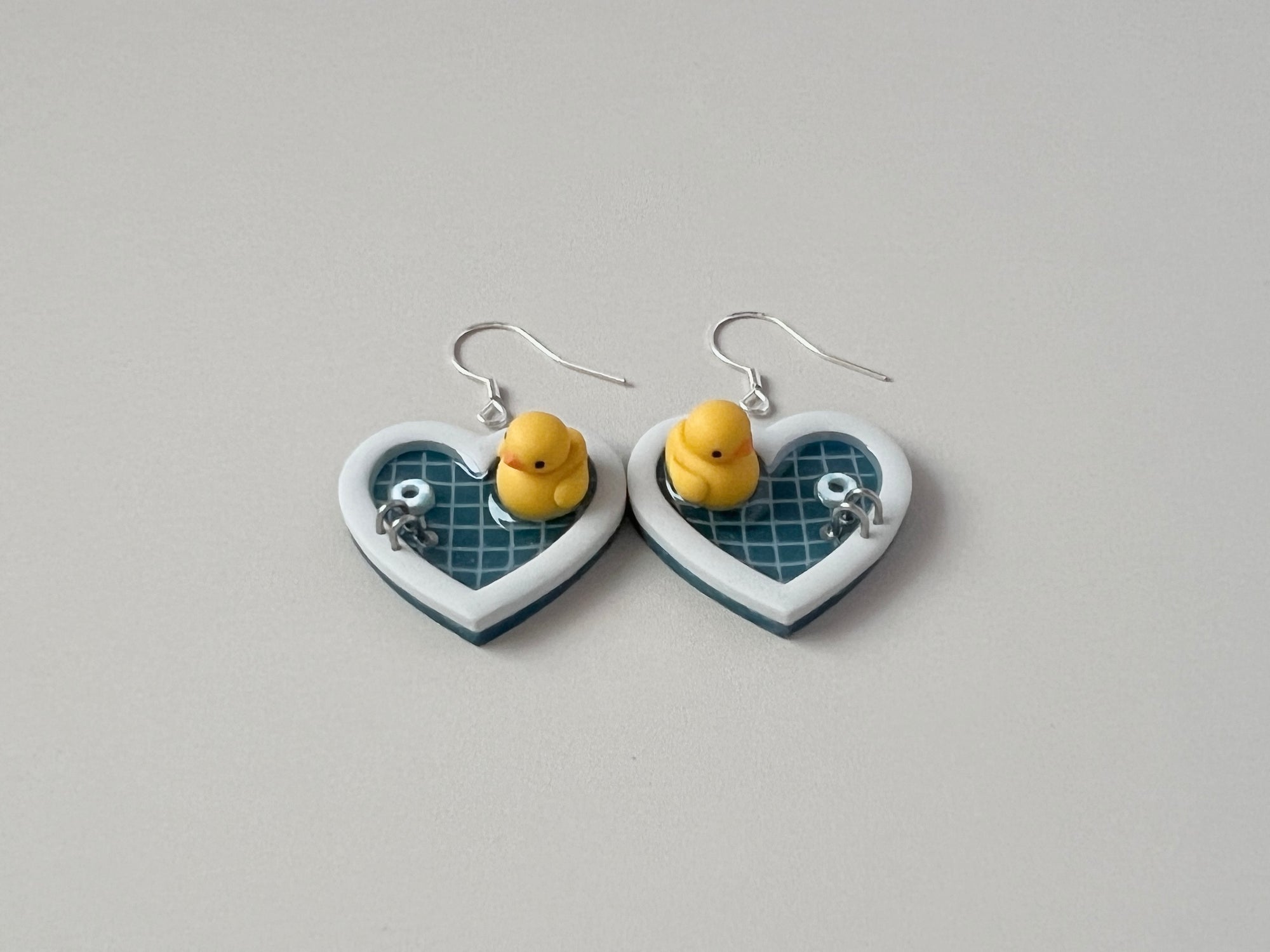 Navy Teal Pools: Small Heart Earrings (Ducks)