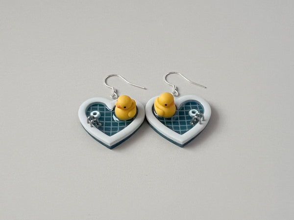 Navy Teal Pools: Small Heart Earrings (Ducks)