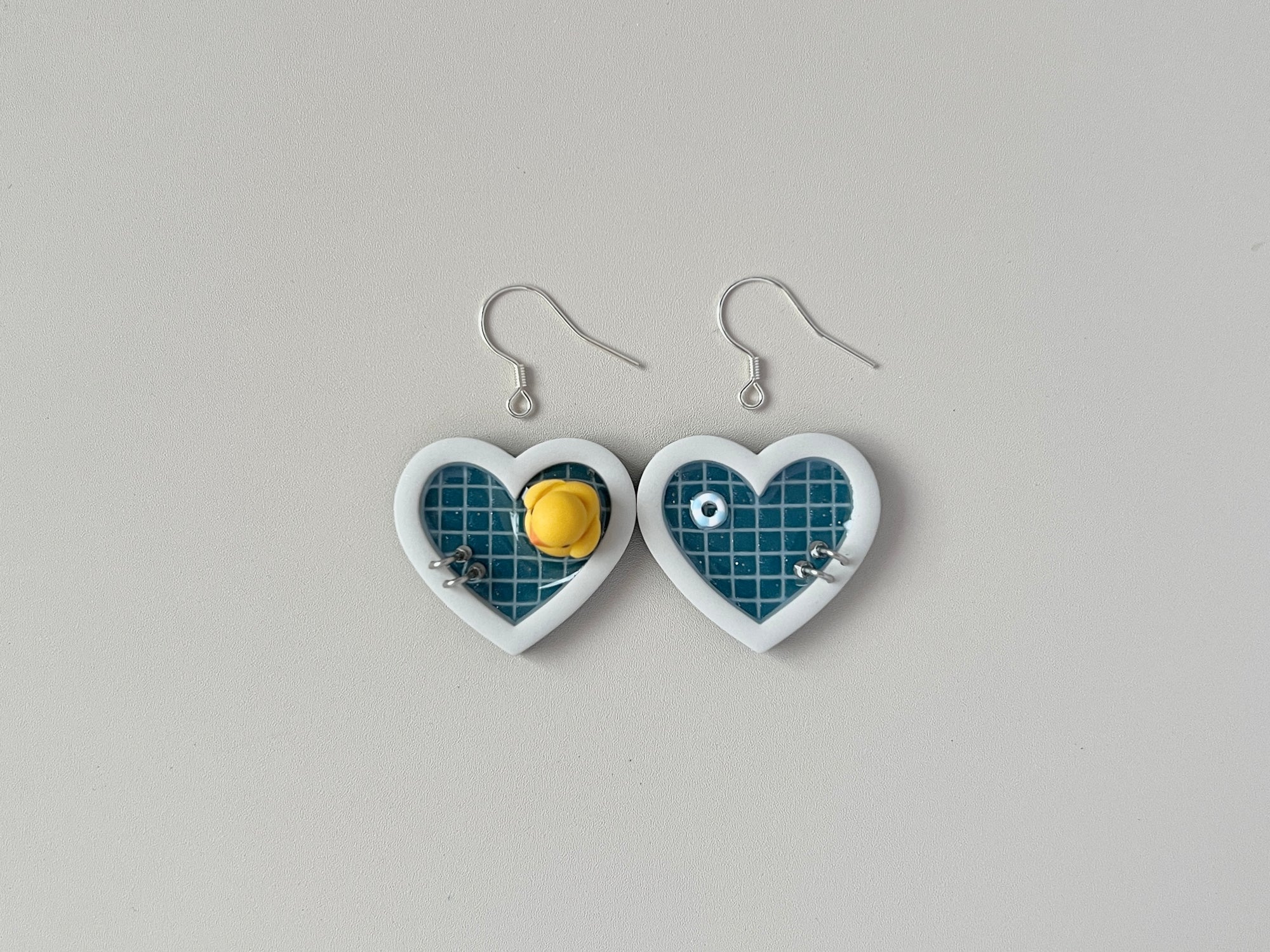 Navy Teal Pools: Small Heart Earrings (Mismatched)