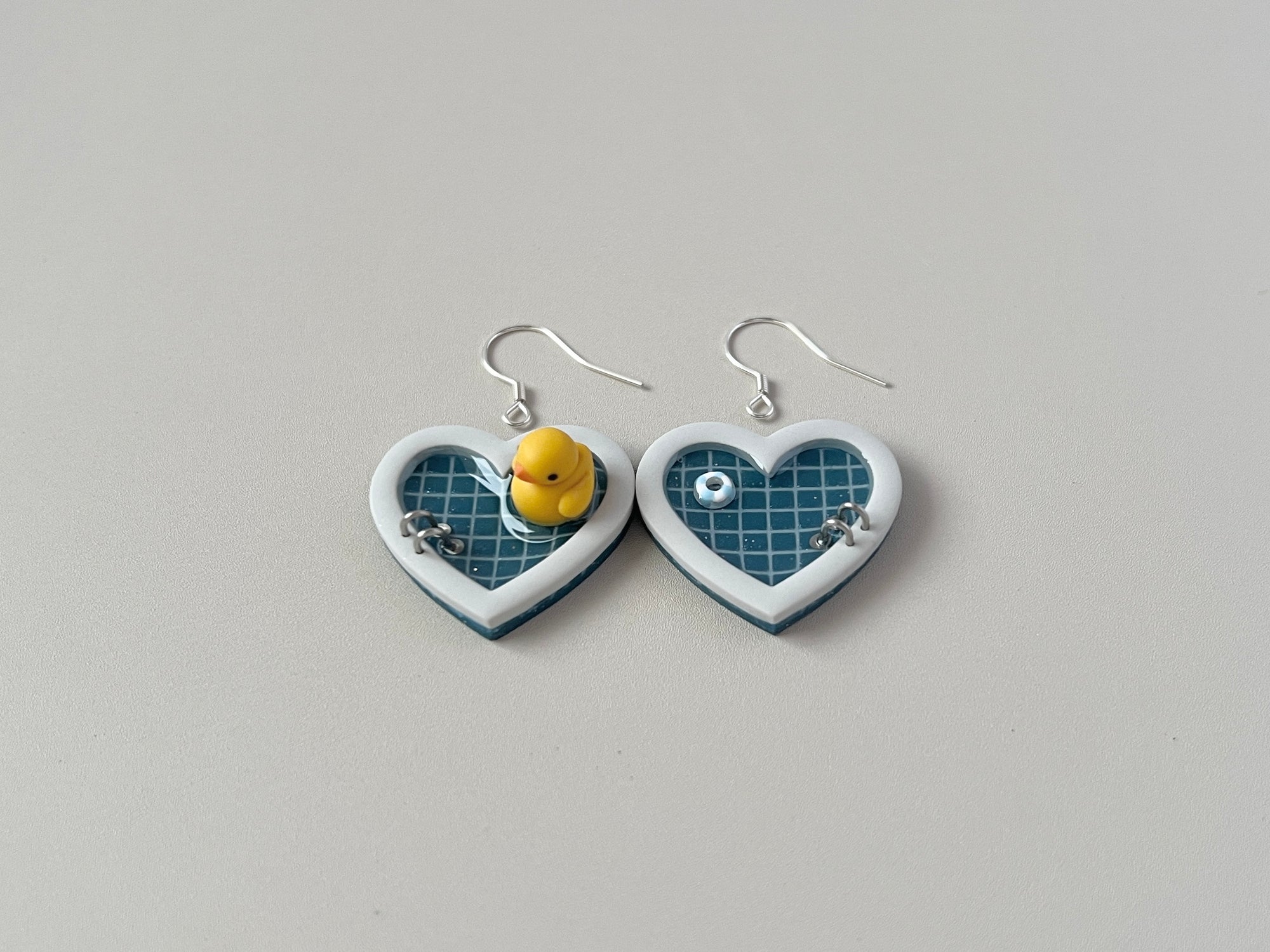 Navy Teal Pools: Small Heart Earrings (Mismatched)