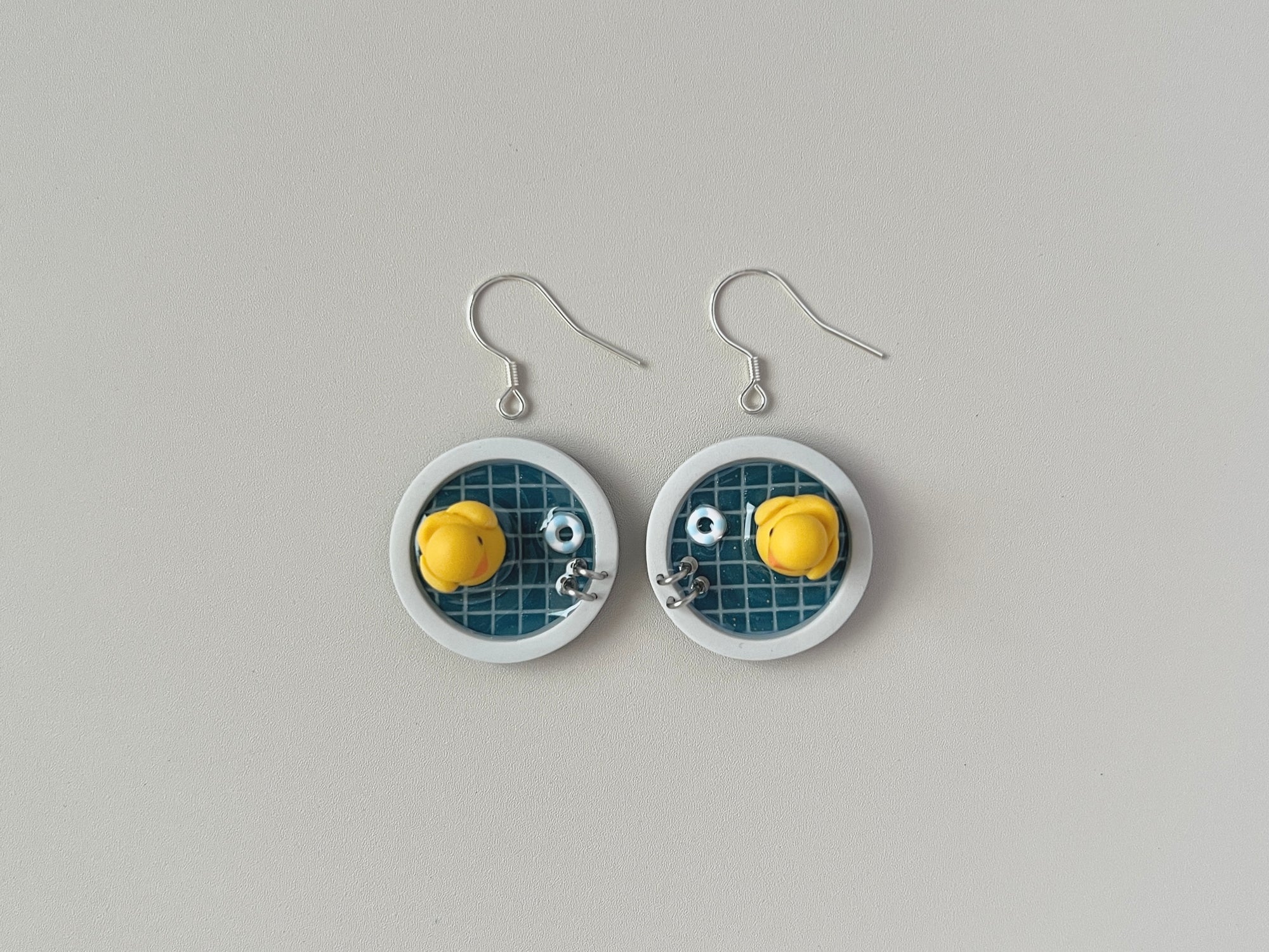 Navy Teal Pools: Circle Earrings (Ducks)