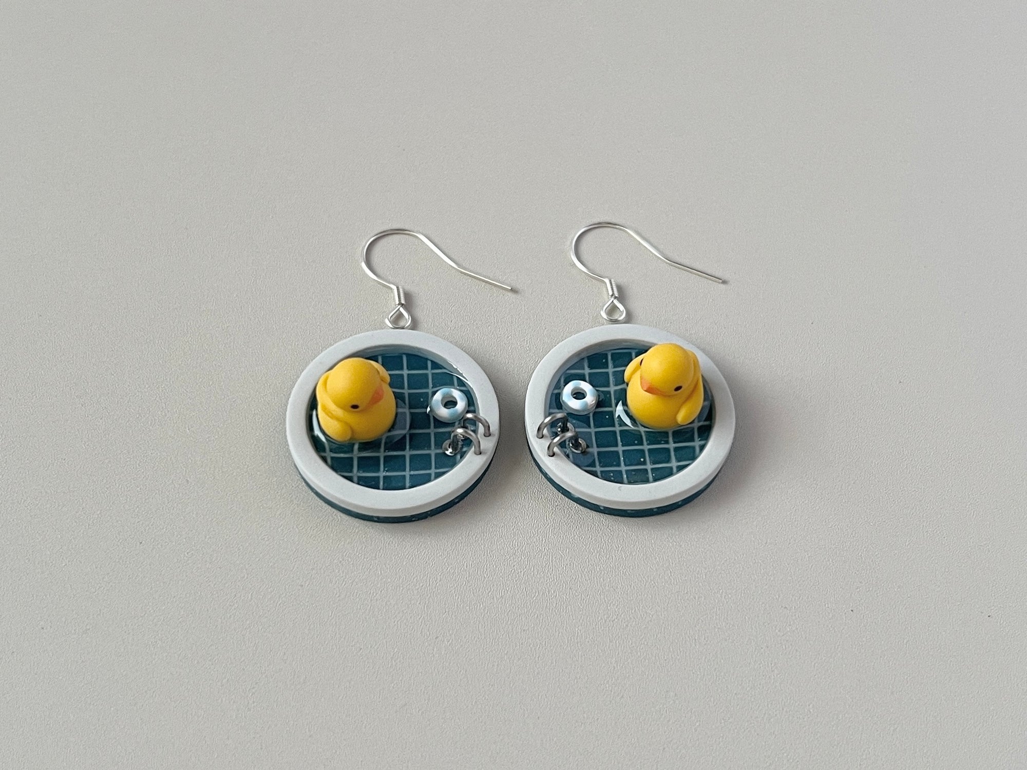 Navy Teal Pools: Circle Earrings (Ducks)