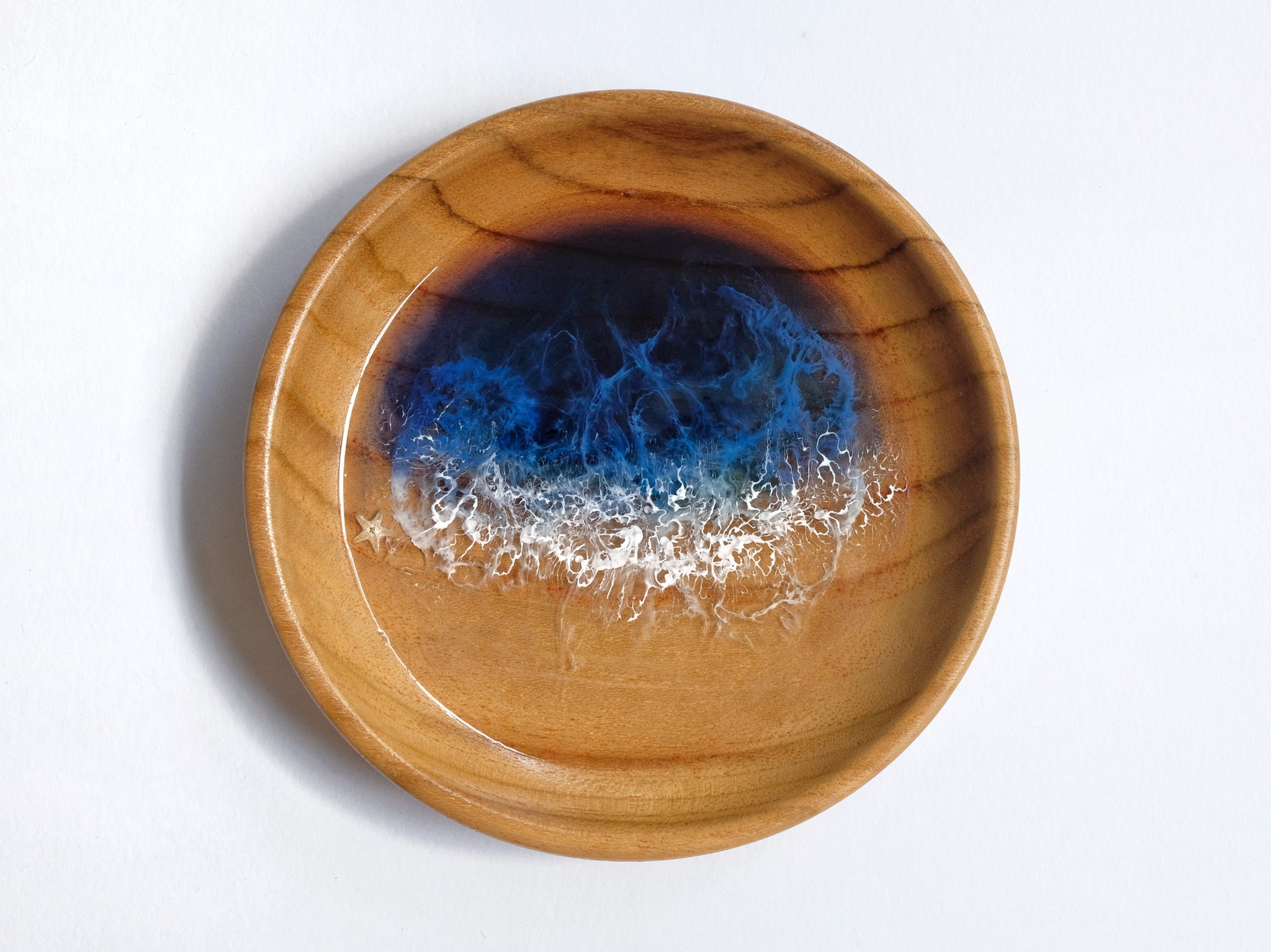 Teak Wood Trinket Tray (12cm; Curved): Prussian Blue Seascape #3