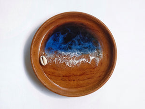 Teak Wood Trinket Tray (12cm; Curved): Prussian Blue Seascape #4