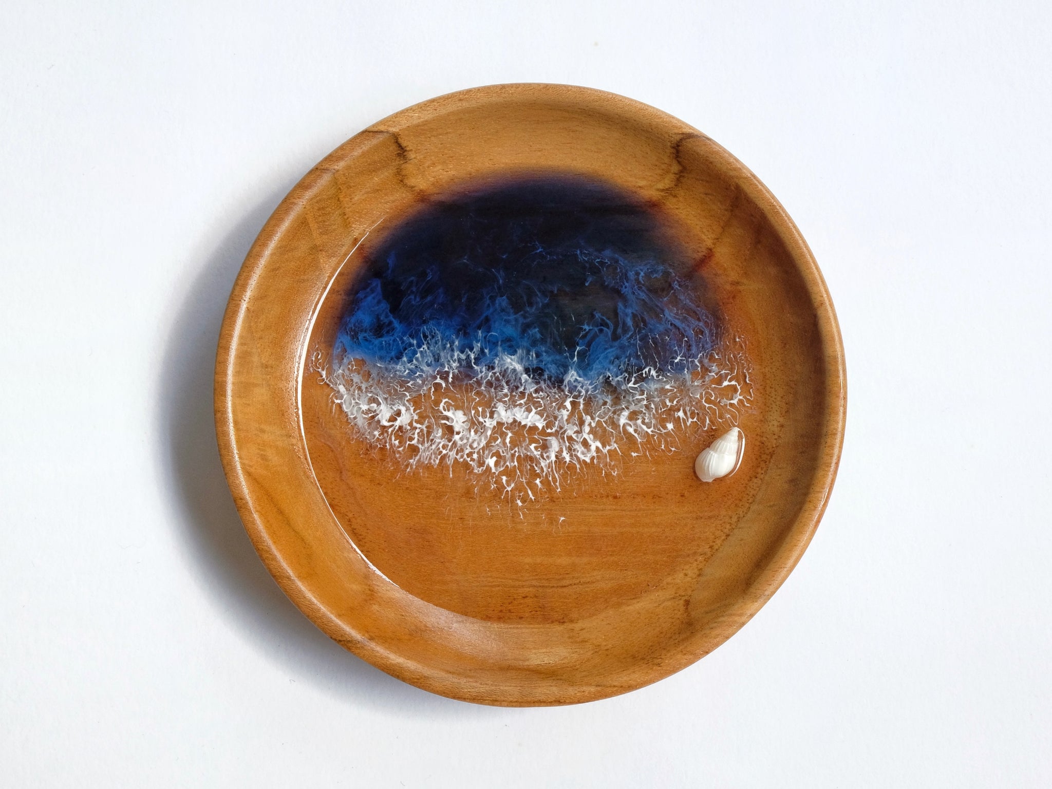 Teak Wood Trinket Tray (12cm; Curved): Prussian Blue Seascape #5