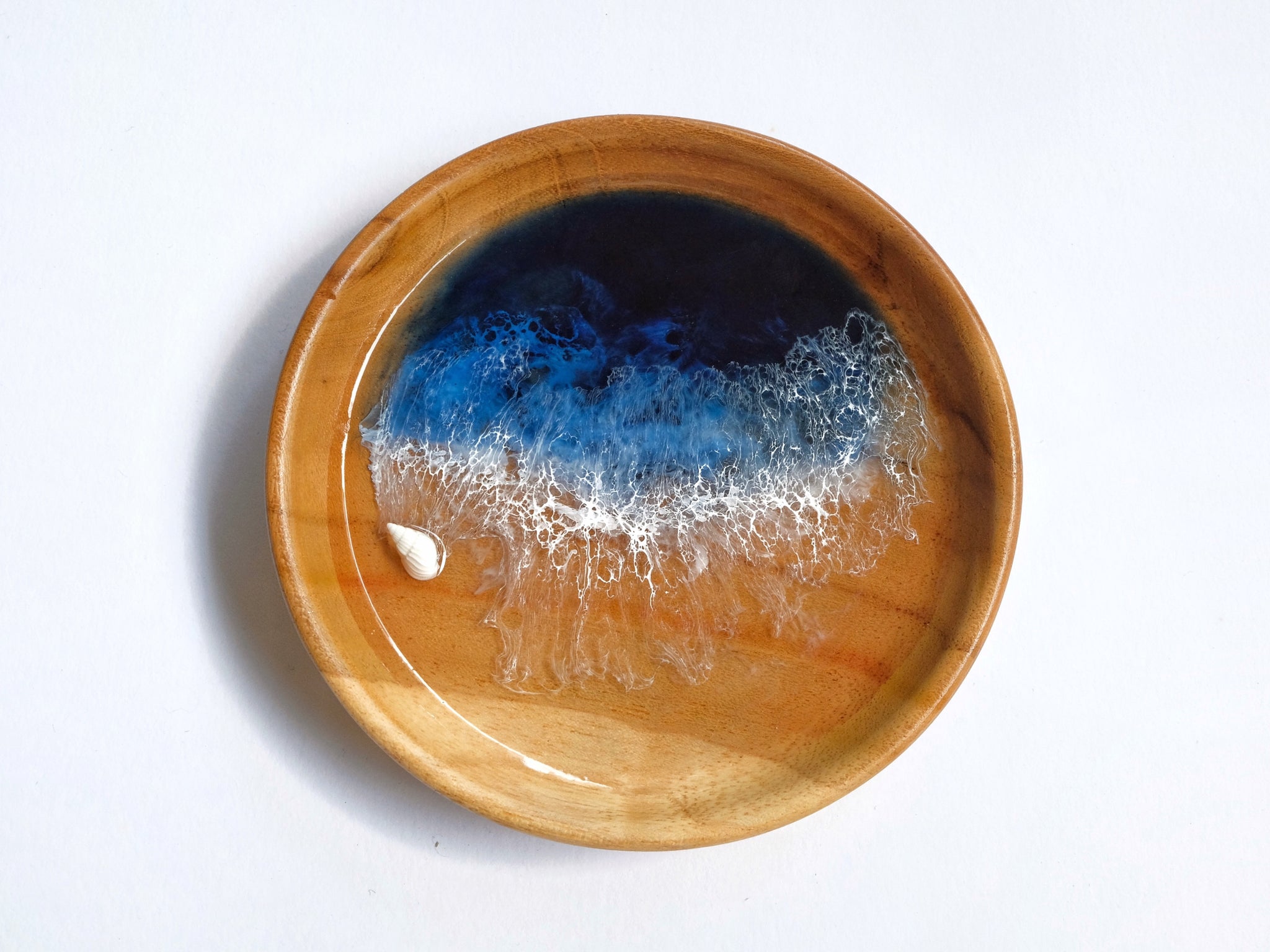 Teak Wood Trinket Tray (12cm; Curved): Prussian Blue Seascape #6