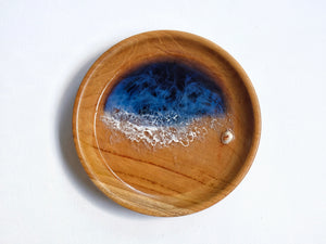 Teak Wood Trinket Tray (12cm; Curved): Prussian Blue Seascape #1