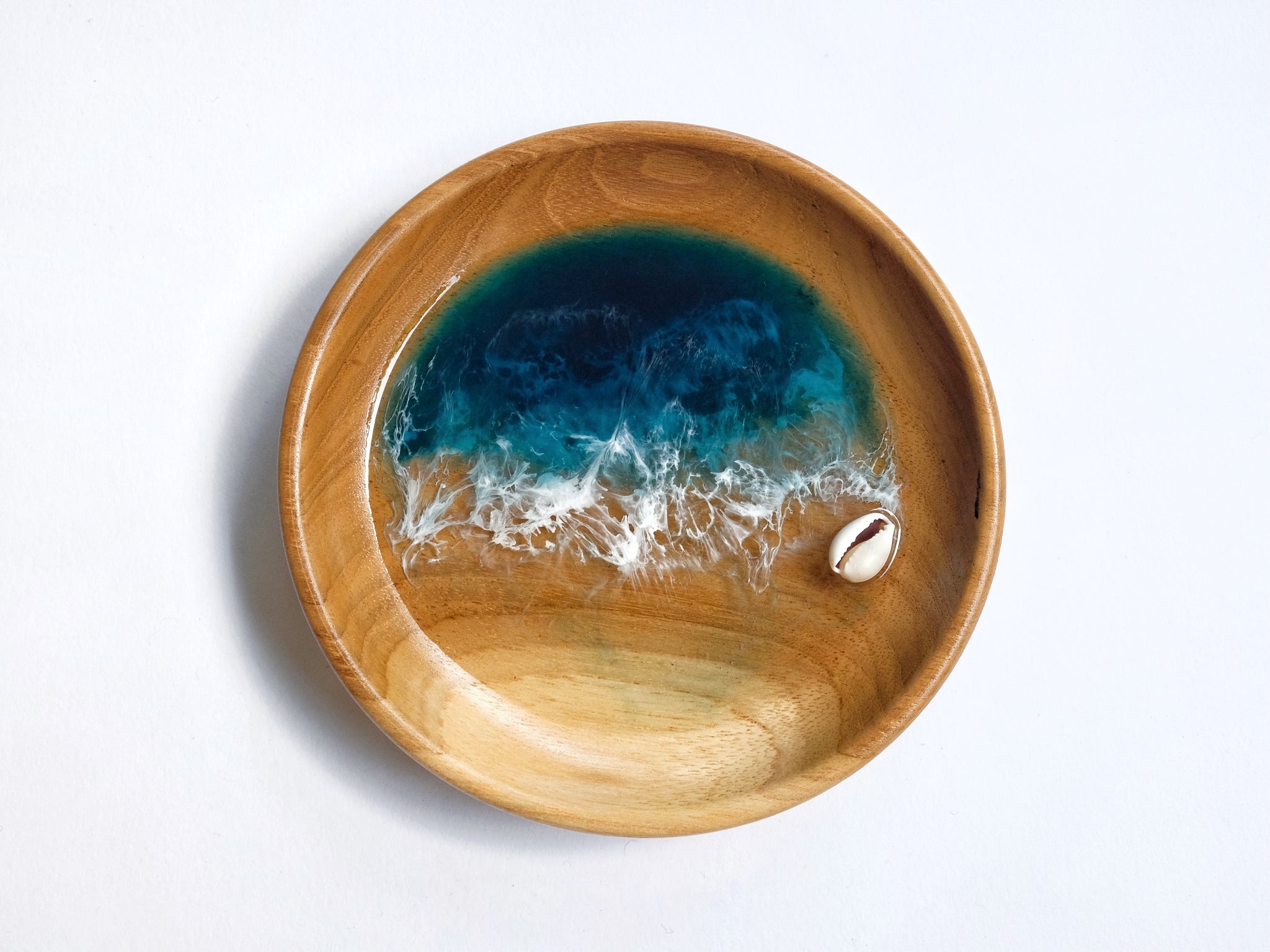 Teak Wood Trinket Tray (12cm; Curved): Teal Seascape #5