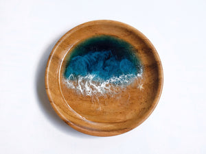 Teak Wood Trinket Tray (12cm; Curved): Teal Seascape #3