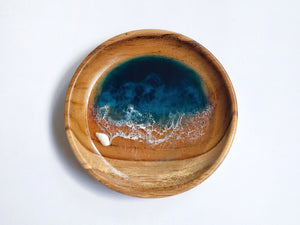 Teak Wood Trinket Tray (12cm; Curved): Teal Seascape #1