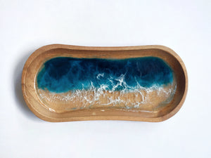 Long Acacia Wood Tray: Teal Seascape