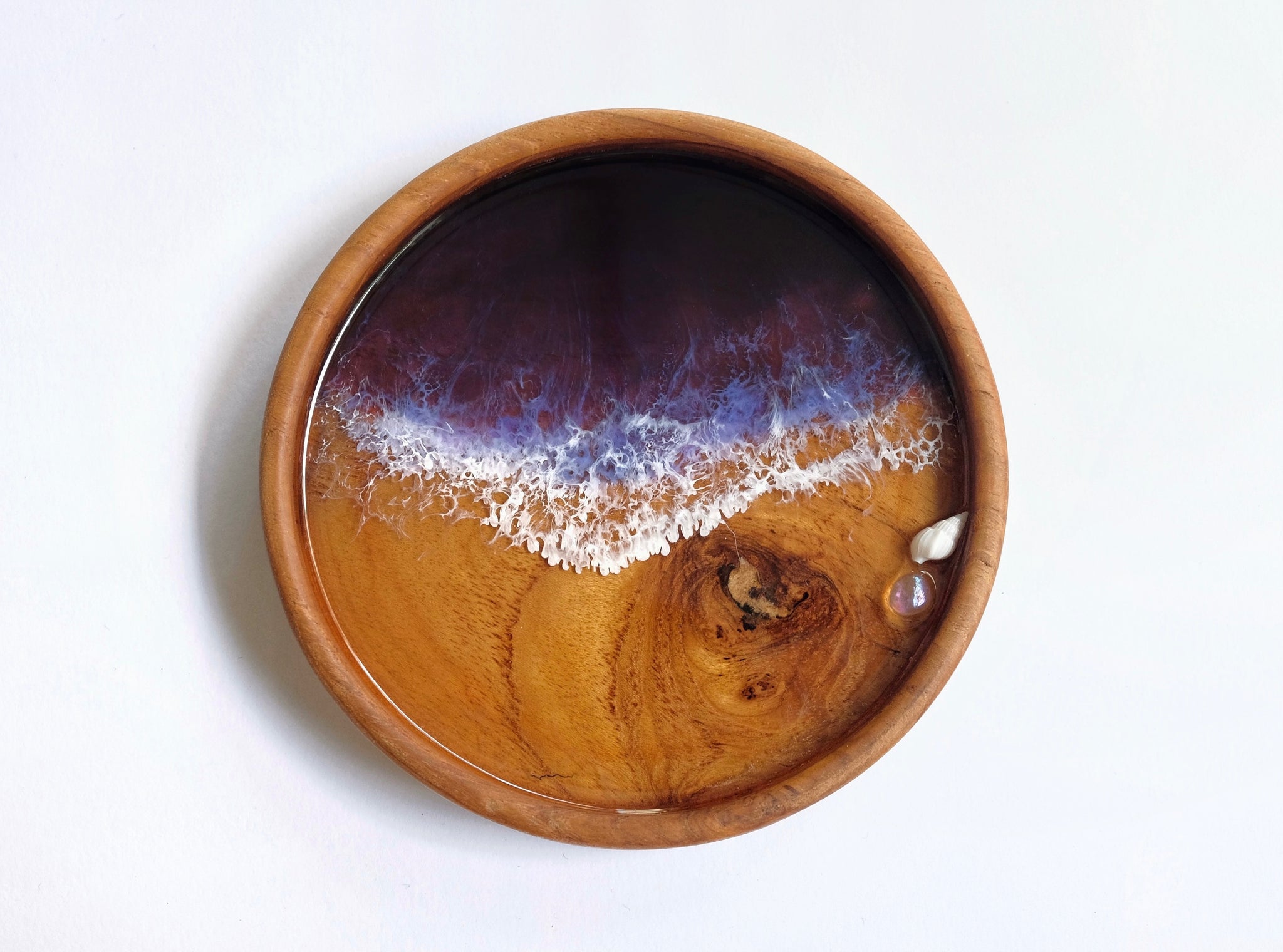 Teak Wood Trinket Tray (12cm): Violet Seascape