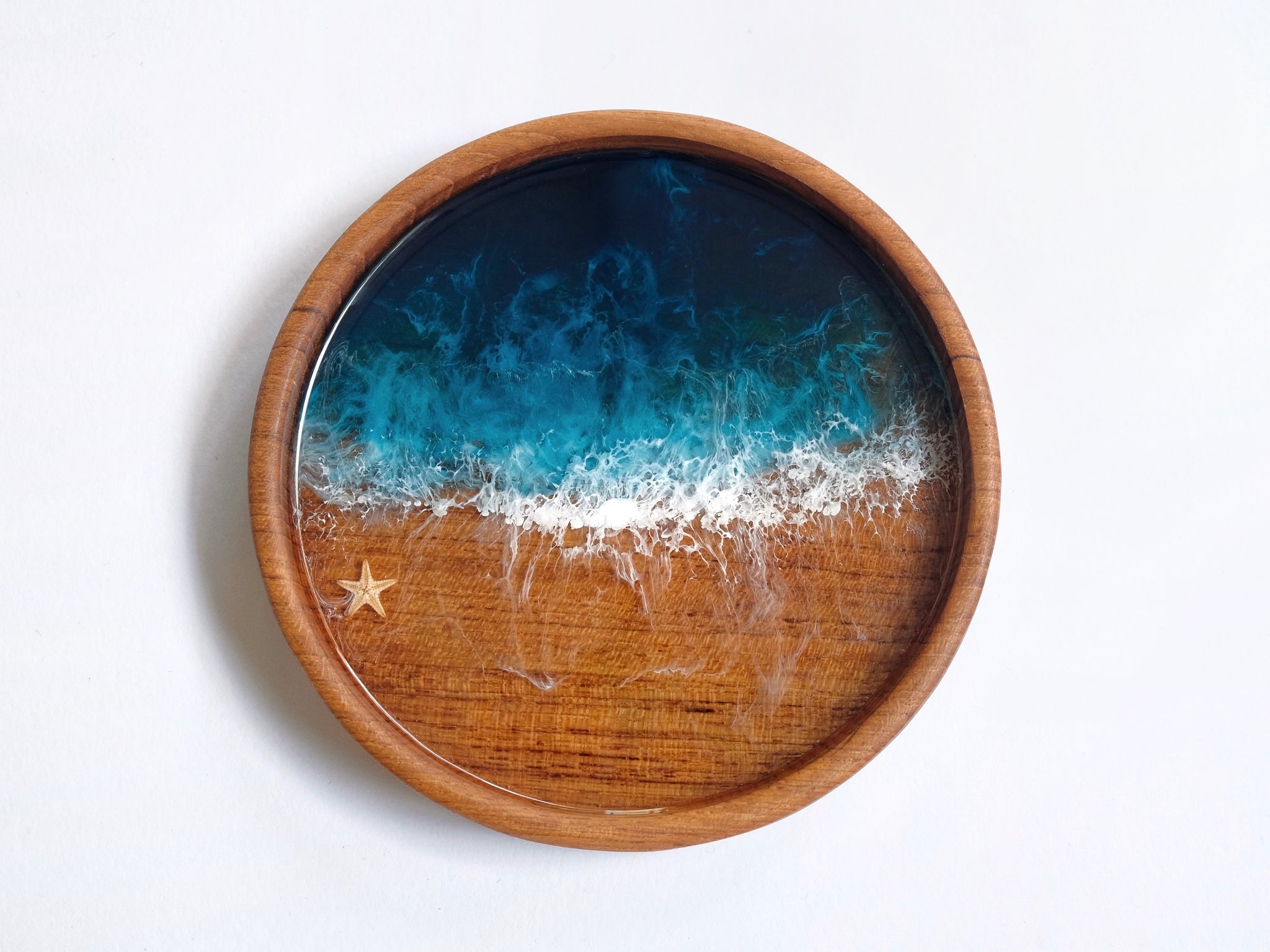 Teak Wood Trinket Tray (12cm): Teal Seascape #2