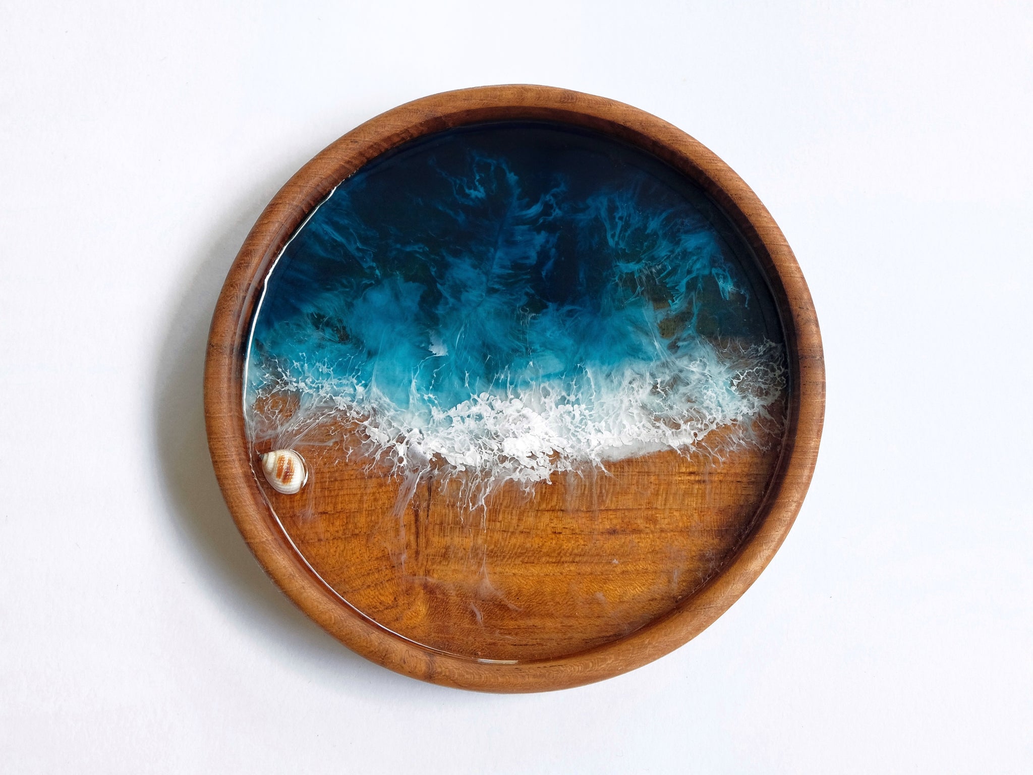 Teak Wood Trinket Tray (12cm): Teal Seascape #1