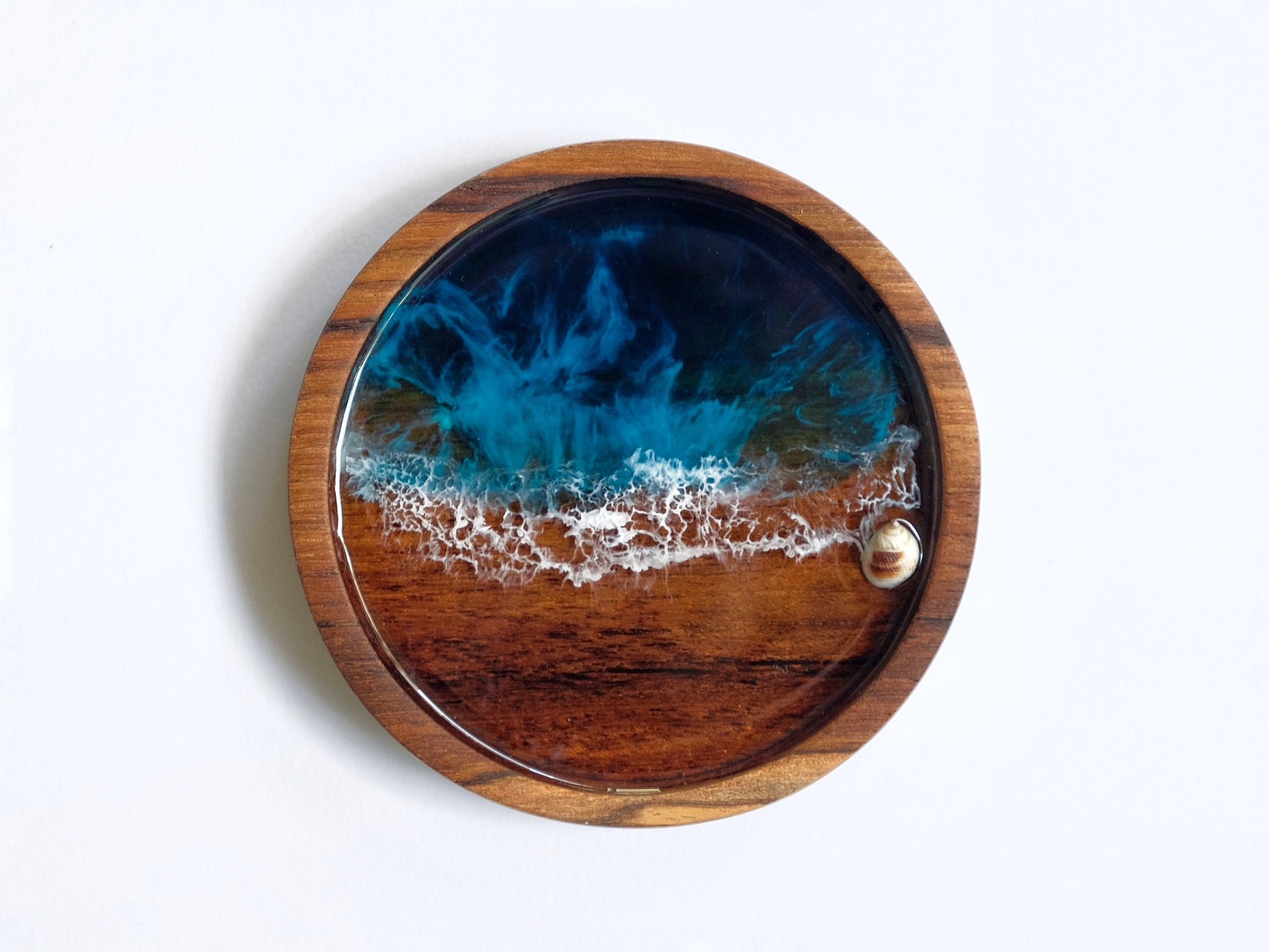 Teak Wood Trinket Dish (10cm): Dark Teal Seascape