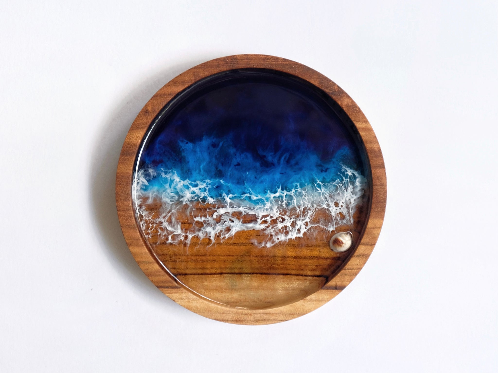 Teak Wood Trinket Dish (10cm): Signature Blue Seascape #2