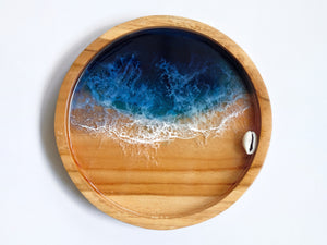 Teak Wood Trinket Tray (15cm): Blue & Teal Seascape