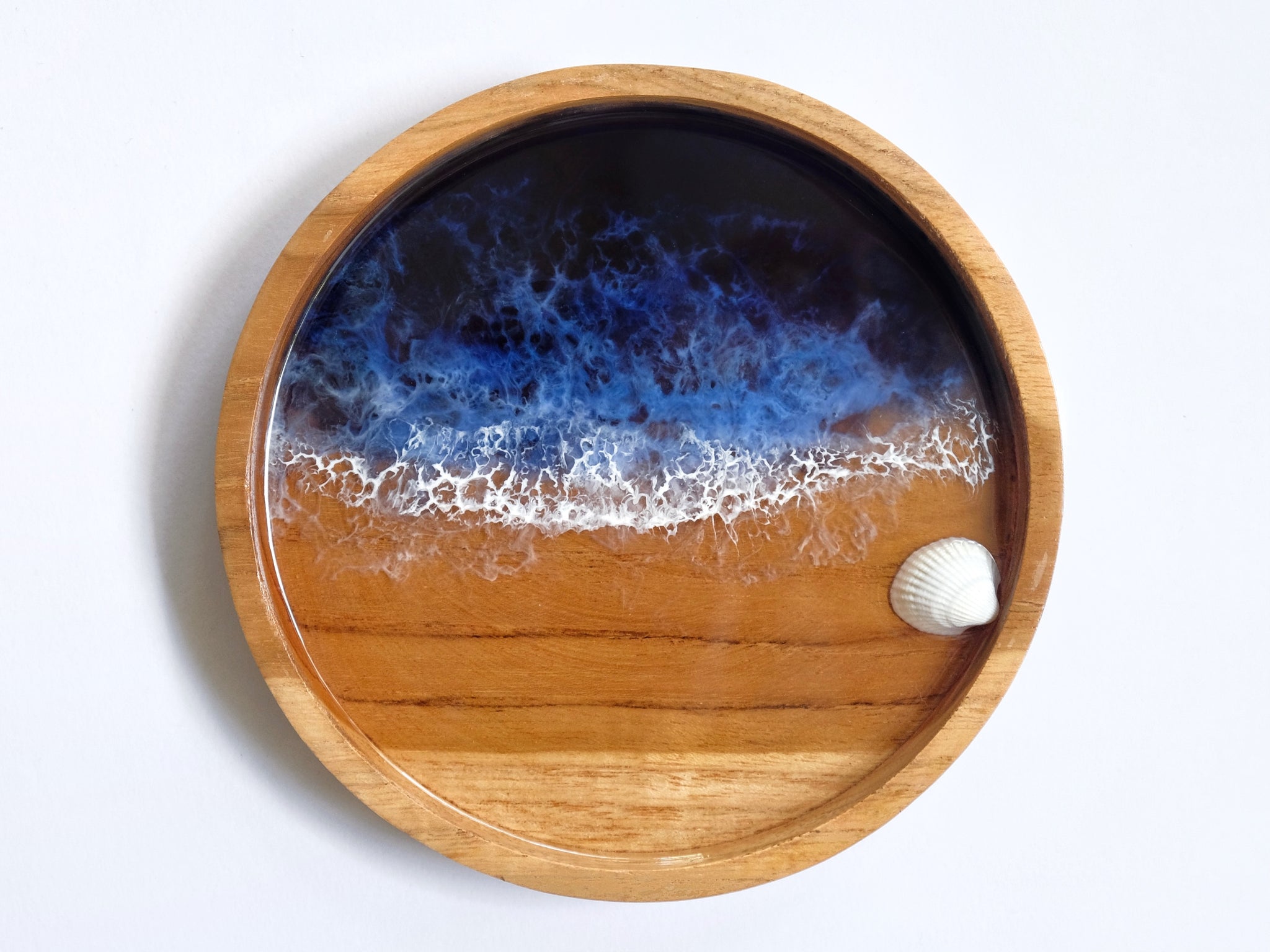 Teak Wood Trinket Tray (15cm): Prussian Blue Seascape