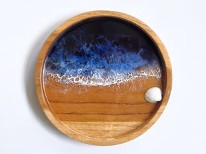 Teak Wood Trinket Tray (15cm): Prussian Blue Seascape